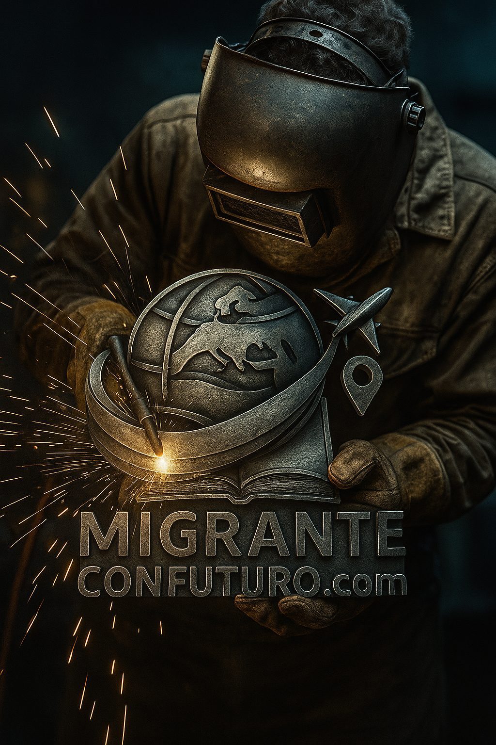 Soldador profesional realizando soldadura por arco manual (MMA) en un taller, mostrando el intenso arco eléctrico.