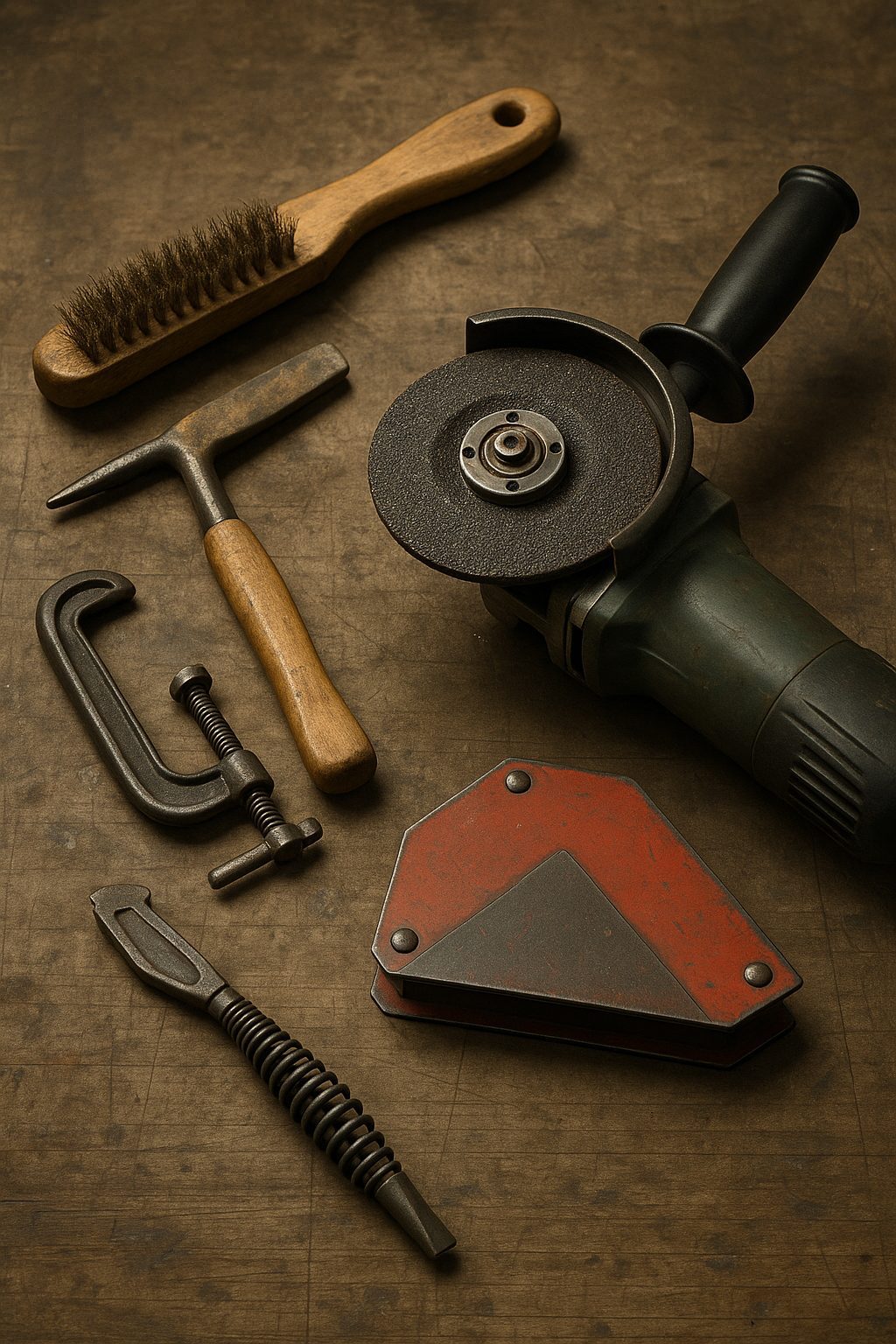 Herramientas manuales esenciales para soldadores: martillo de escoria, cepillo de alambre, amoladora y mordazas.